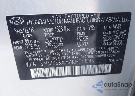 2019 Hyundai Santa Fe Ultimate 2.0T z USA, uszkodzony, nr VIN 5NMS53AA6KH041545